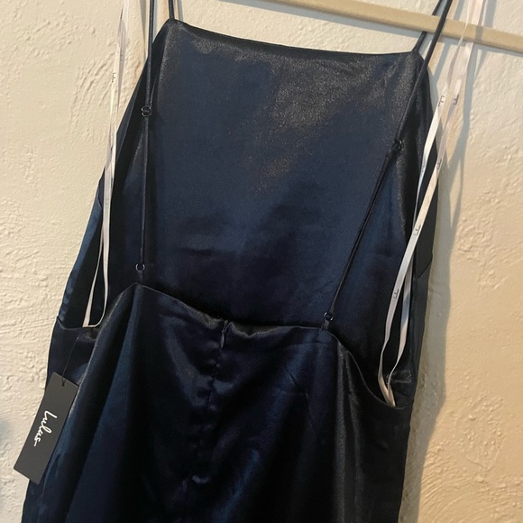 Lulu’s Adoring Attitude Navy Blue Satin Column Midi Dress - Picture 9 of 9